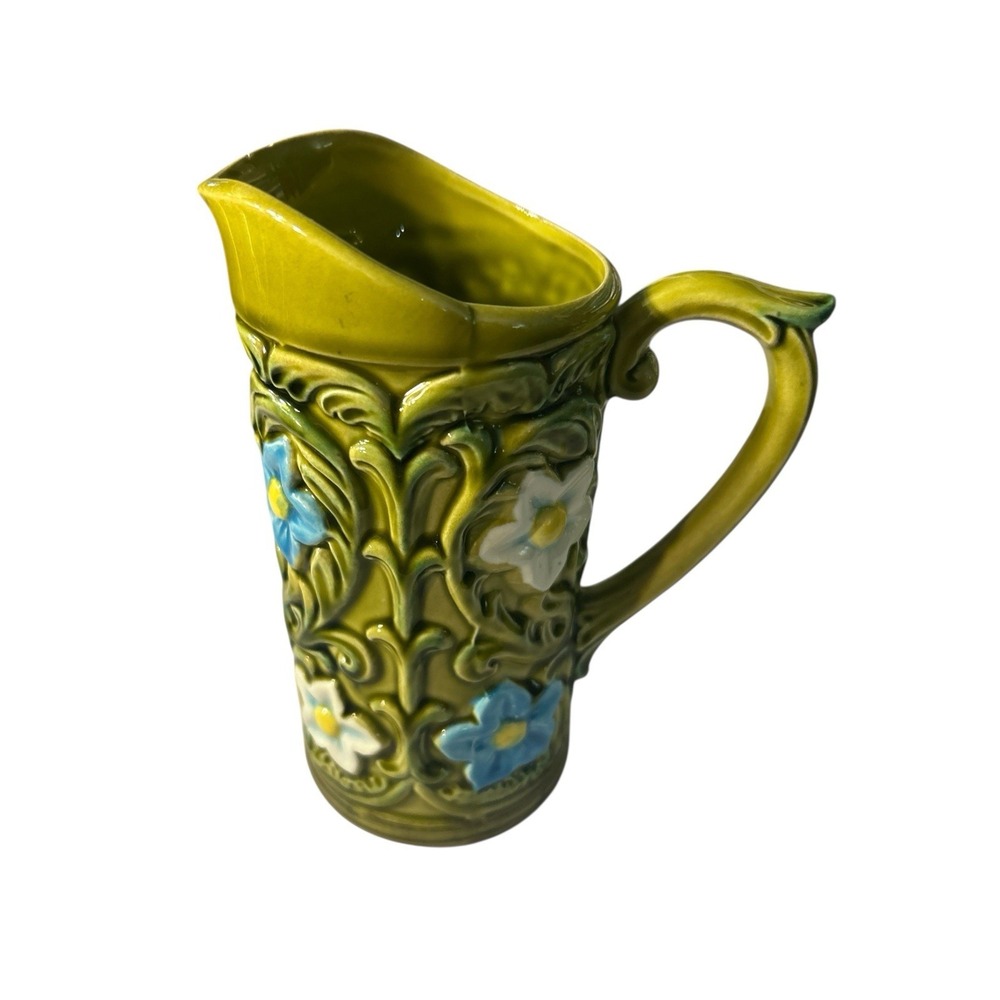VTG‎ Pitcher Geo. Z. Lefton 1970 6452 Signed MCM Floral Green Blue Yellow 6.5"